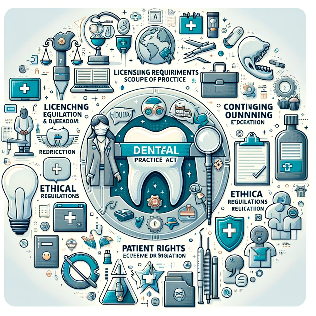 Illustration of key components of a Dental Practice Act, featuring symbols and icons for licensing, scope of practice, continuing education, ethical guidelines, patient rights, and enforcement regulations.