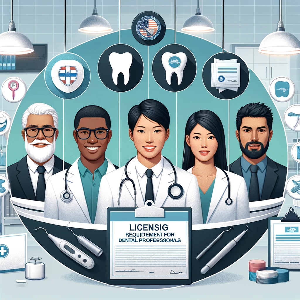 An educational image showing a group of dental professionals (Asian male dentist, Black female dental hygienist, Caucasian male dental assistant) with dental tools, license certificates, and a list of qualifications in a dental office setting.