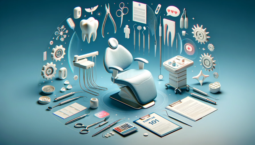 An image featuring dental care elements like a dental chair and tools, alongside insurance documents and a guidebook.