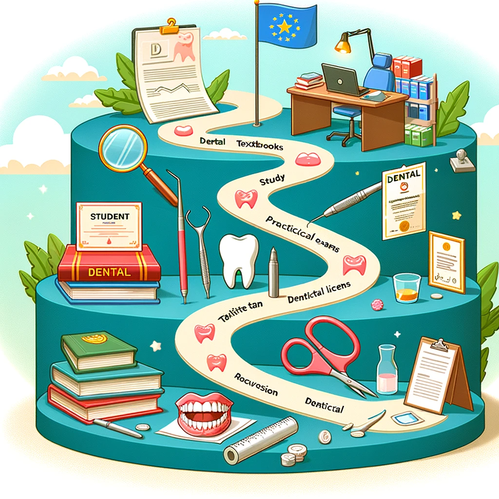 Pathway illustrating the journey from dental student to licensed practitioner, featuring textbooks, exams, a license, and a dental clinic.