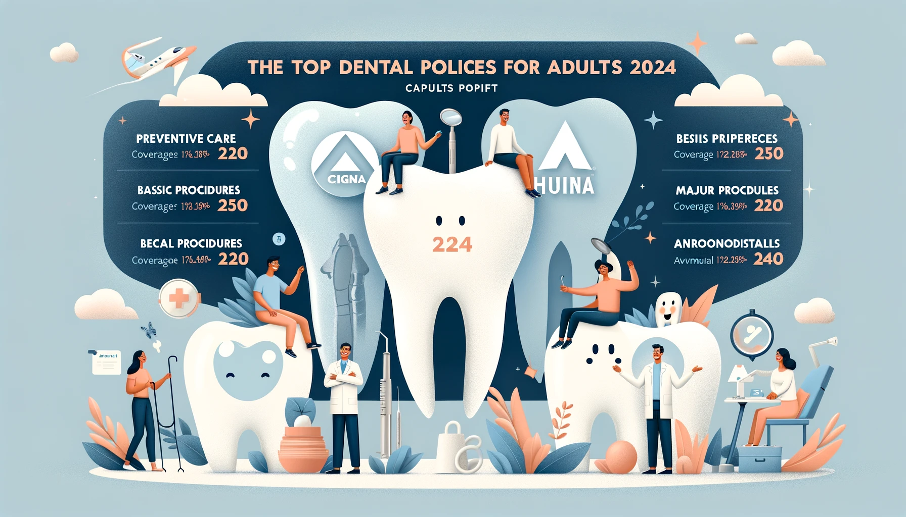 Infographic displaying top dental policies for adults in 2024 with icons and highlights of benefits from providers like Delta Dental, Cigna, Humana, MetLife, and Guardian.