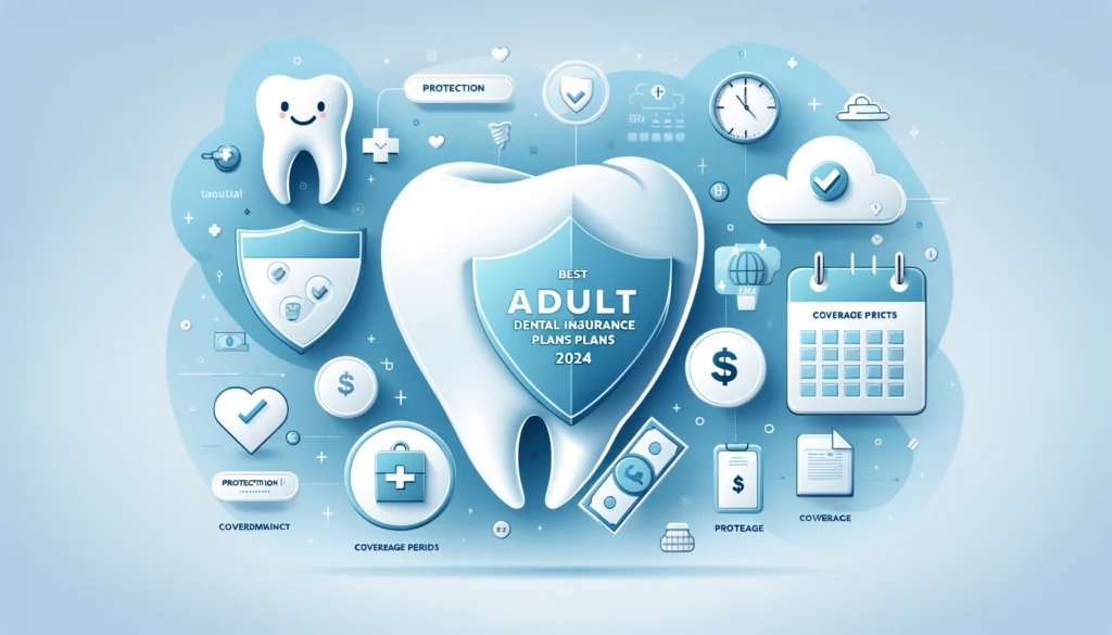 A visual representation of the Best Adult Dental Insurance Plans 2024, featuring icons of a smiling tooth, a shield for protection, a calendar, and dollar signs on a clean blue and white background.