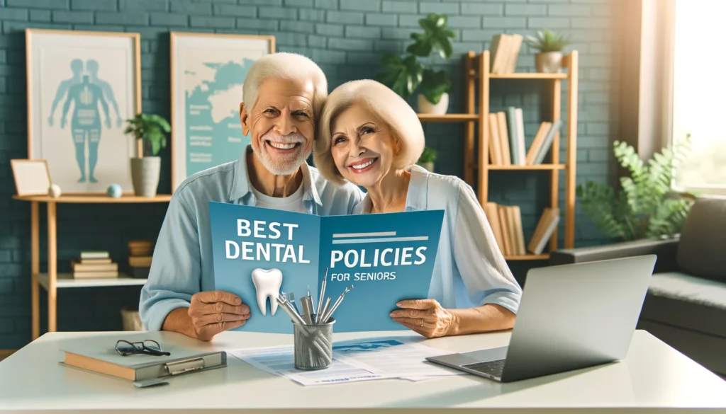 Elderly couple smiling while reviewing dental insurance documents at home.