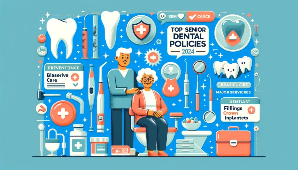 An illustration depicting the top senior dental policies for 2024, featuring a senior-friendly dental insurance card, a dental check-up scene with a senior patient and dentist, and icons for various dental procedures like cleanings, fillings, crowns, dentures, and implants.