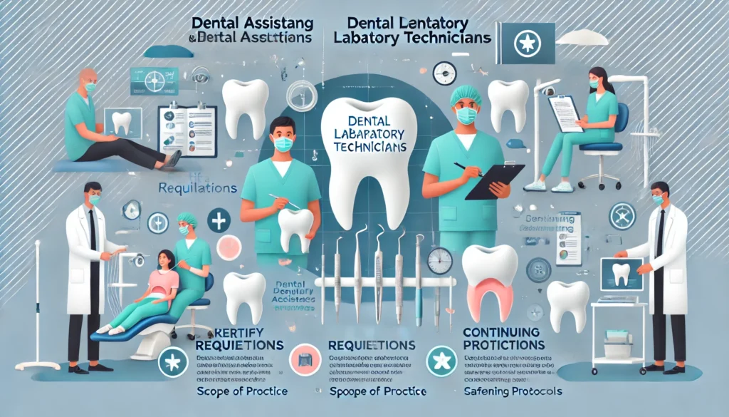 "Infographic showing regulations for dental assisting and dental laboratory technicians, including certification requirements, scope of practice, continuing education, and safety protocols."
