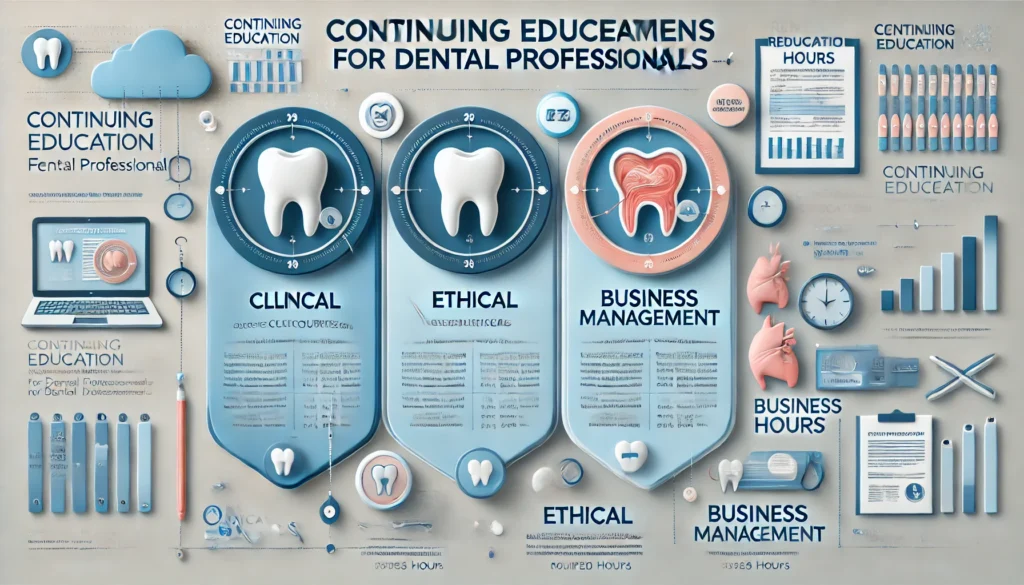 Infographic titled "Continuing Education Requirements for Dental Professionals" with sections for Clinical, Ethical, and Business Management courses, each with icons, descriptions, and required hours. Professional blue and white background.