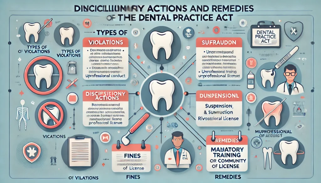 Infographic illustrating Disciplinary Actions and Remedies for Violations of the Dental Practice Act, including types of violations, disciplinary actions, and remedies.