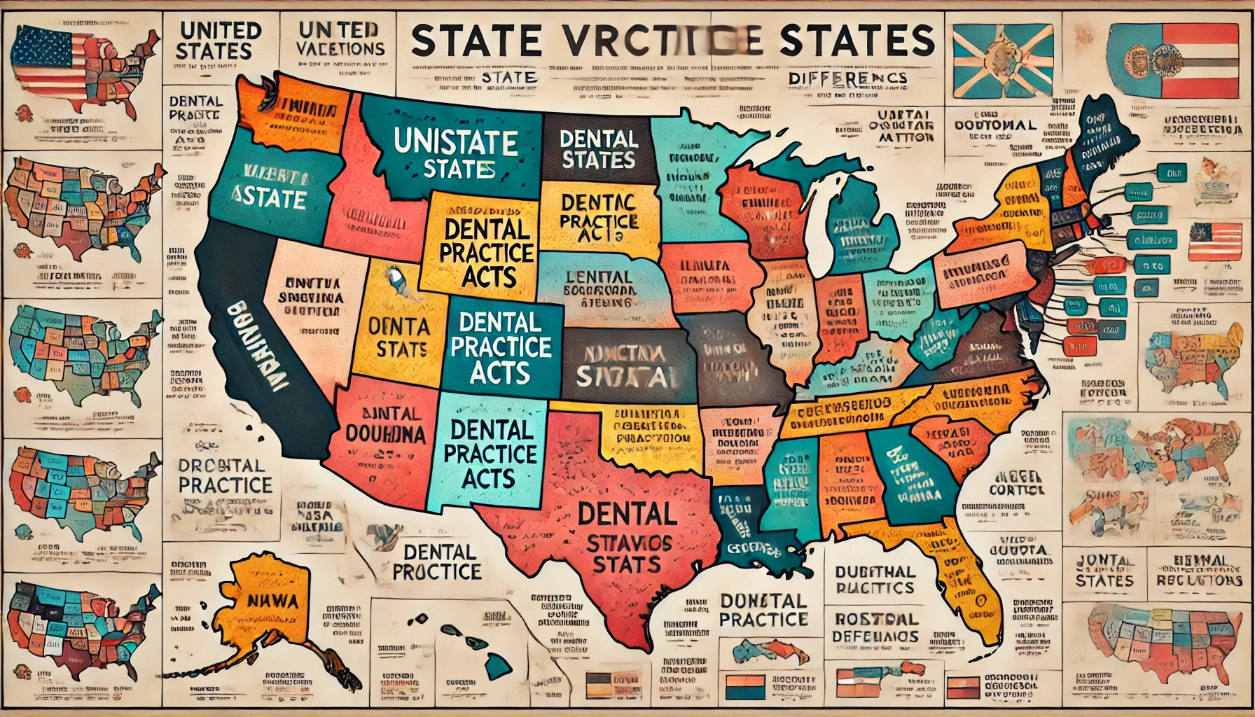 Map of the United States showing state variations in dental practice acts with states color-coded by regulation categories, highlighted key states.